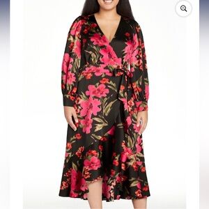 Floral Faux Wrap Dress with Pink and Green Accents